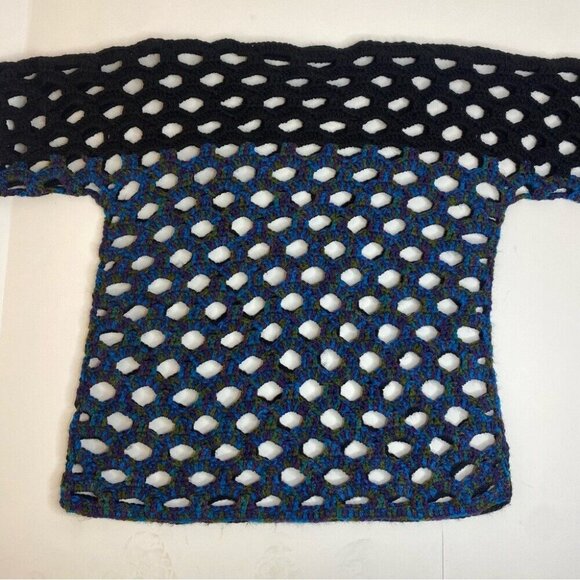 Handmade Women's New‎ Black Blue Short Sleeve Open Knit Tunic Sweater L/C44 - Picture 7 of 8